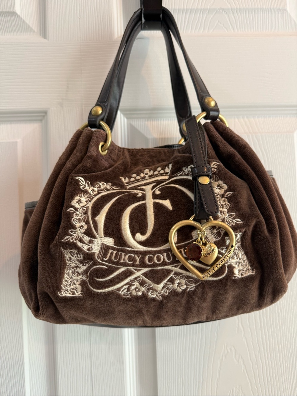 Juicy Couture Chocolate Brown Velvet Shoulder Bag with Gold Heart Charm